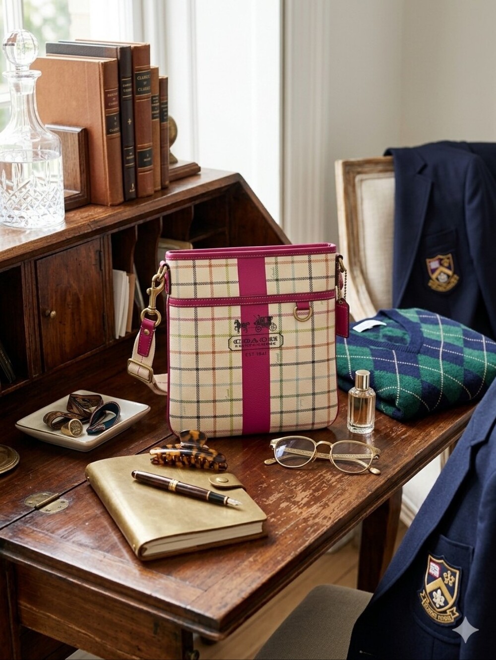 Coach Plaid Crossbody Bag with Pink Trim